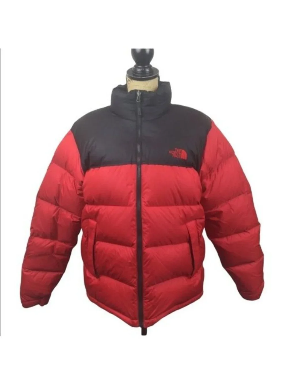 North Face Mens Nuptse 700 Red Black Puffer Jacket Goose Down Insulated Medium